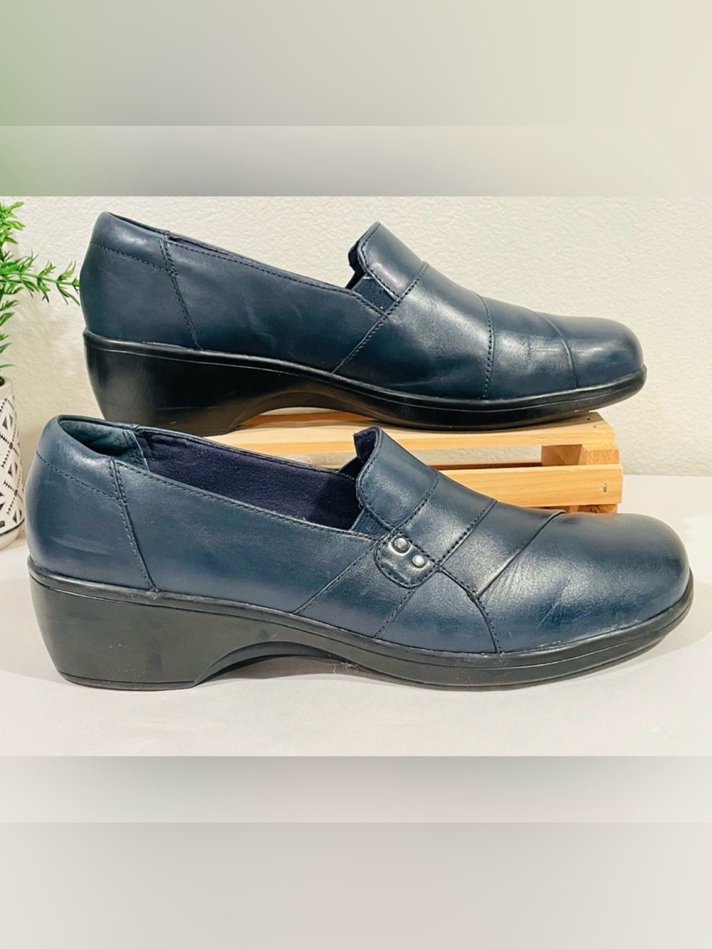 Clarks “May Marigold” Navy Banded Studded Genuine Leather Slip On Loafers